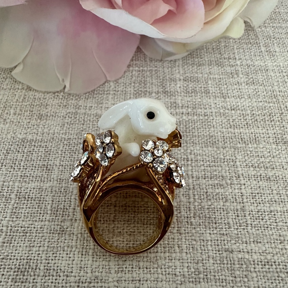Gold Tone Ring with White Rabbit and Crystal Accents